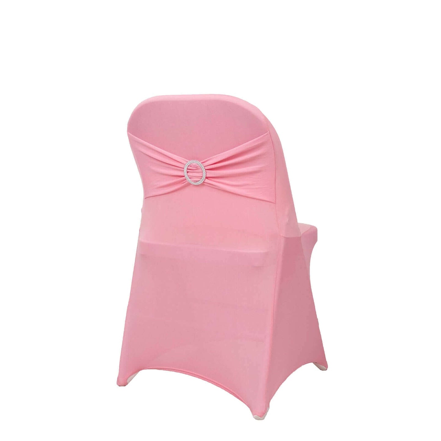Stretch Spandex Chair Cover Pink for Folding Chairs - Secure Fit Slipcover with Silver Rhinestone Buckled Sash Band