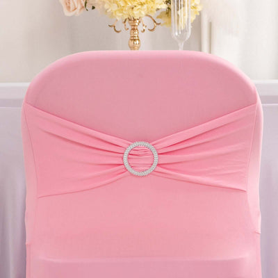 Stretch Spandex Chair Cover Pink for Folding Chairs - Secure Fit Slipcover with Silver Rhinestone Buckled Sash Band