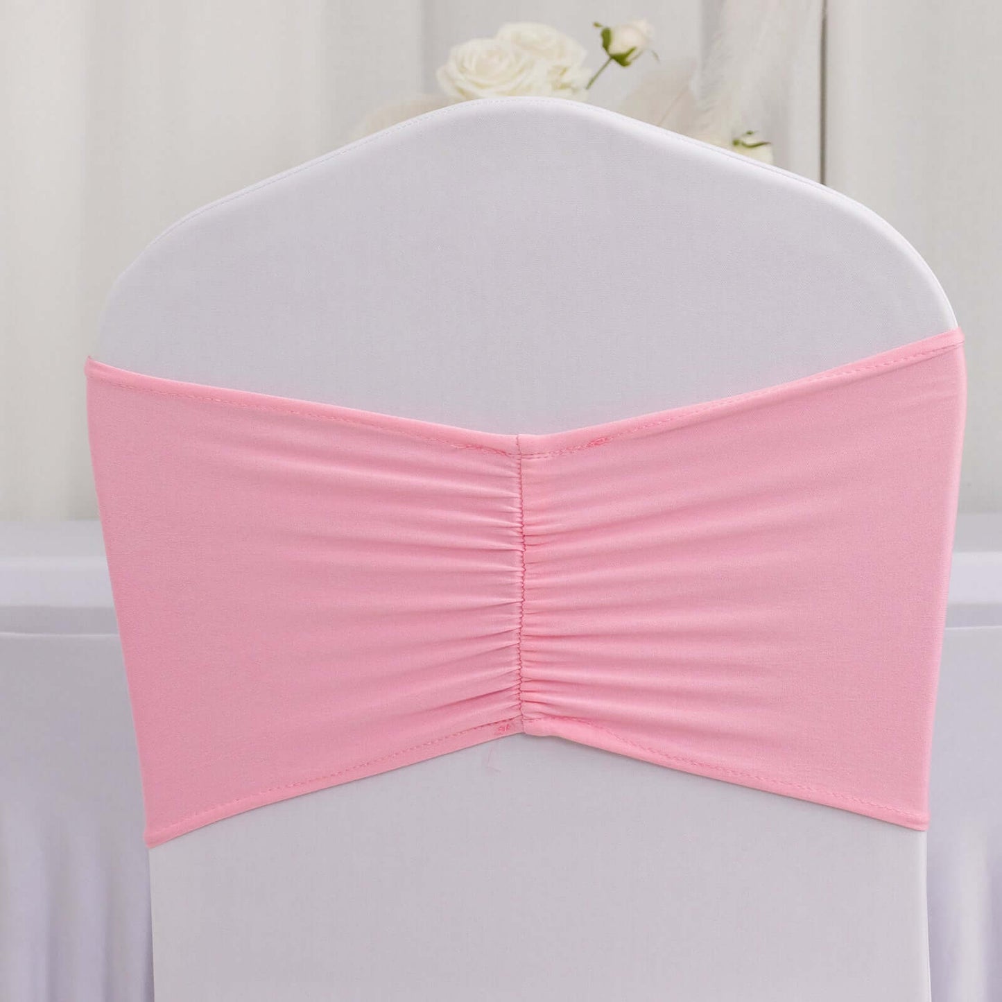 5 Pack Spandex Chair Sashes Pink Ruffled Style - Wide Easy to Use Stretch Chair Bands 8"x13"