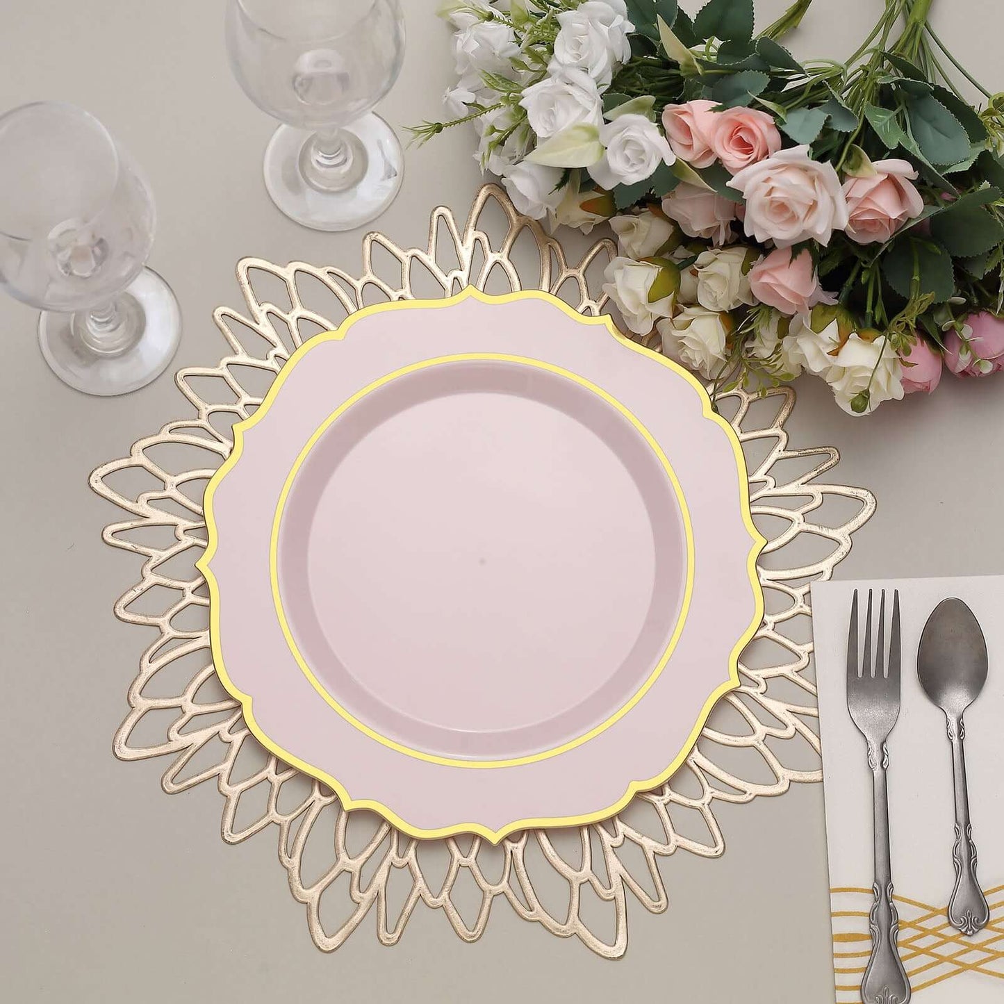 10-Pack Plastic 10" Round Dinner Plates in Blush with Gold Scalloped Rim - Disposable Party Plates