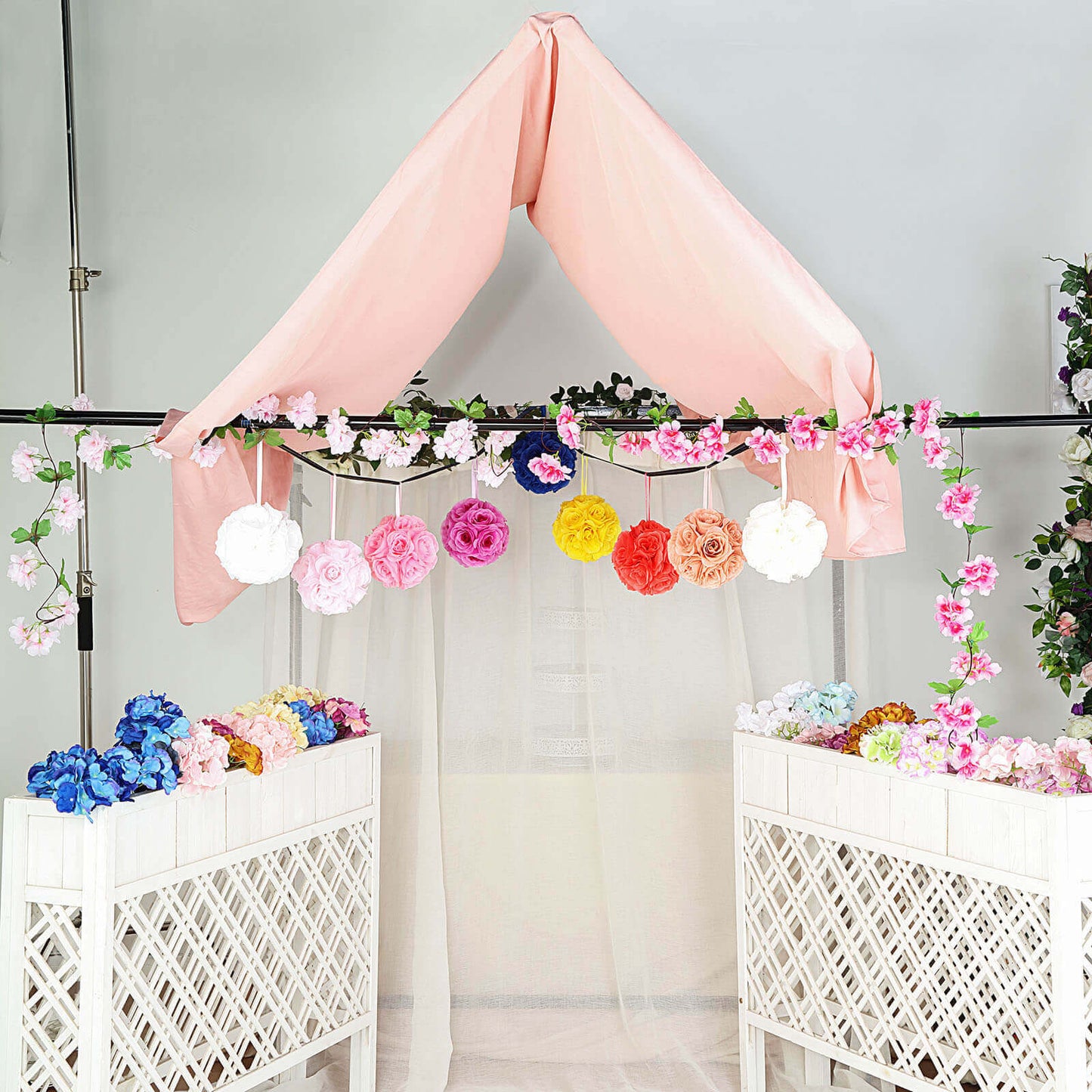 2 Pack 7" Pink Artificial Silk Rose Kissing Ball, Faux Flower Ball