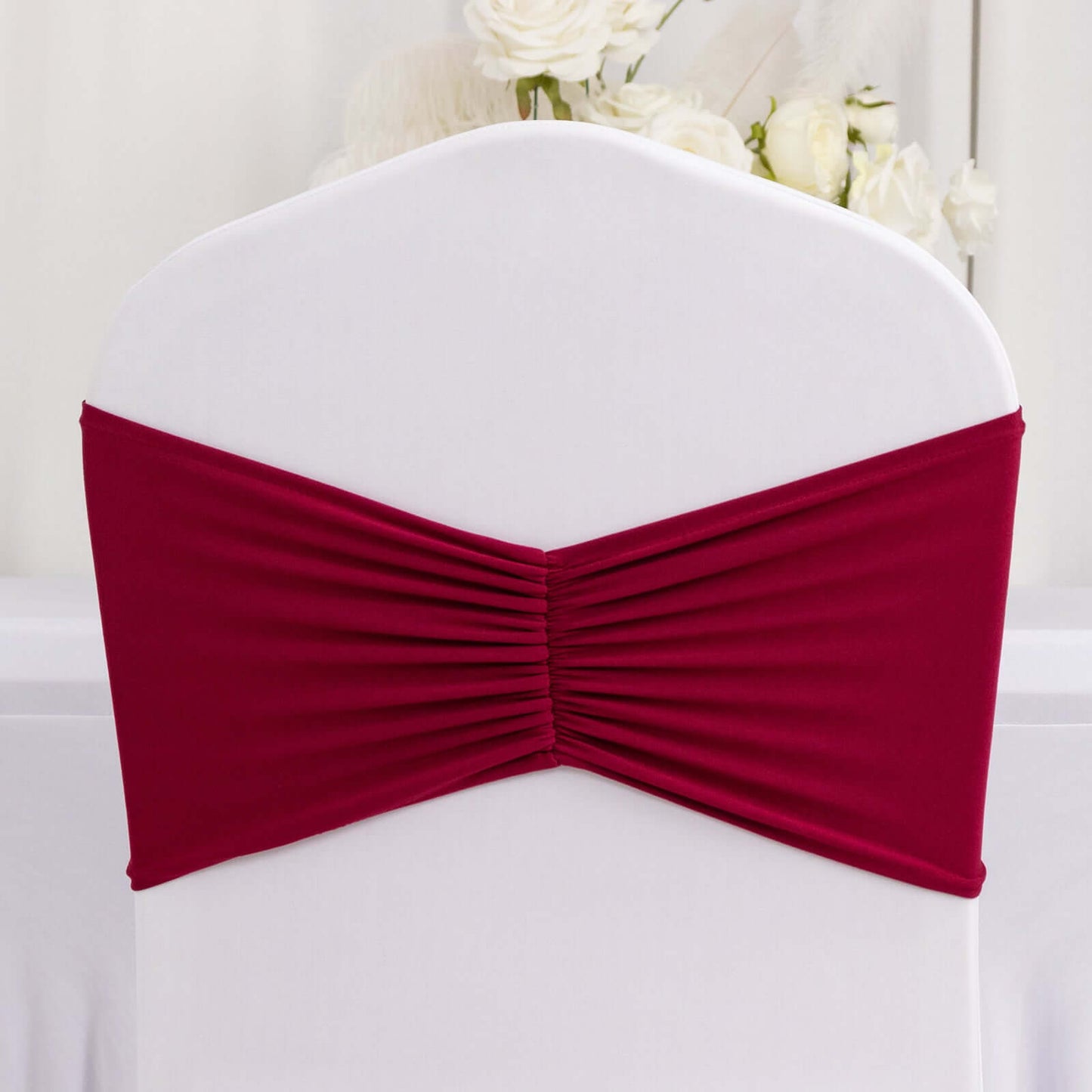5 Pack Spandex Chair Sashes Burgundy Ruffled Style - Wide Easy to Use Stretch Chair Bands 8"x13"