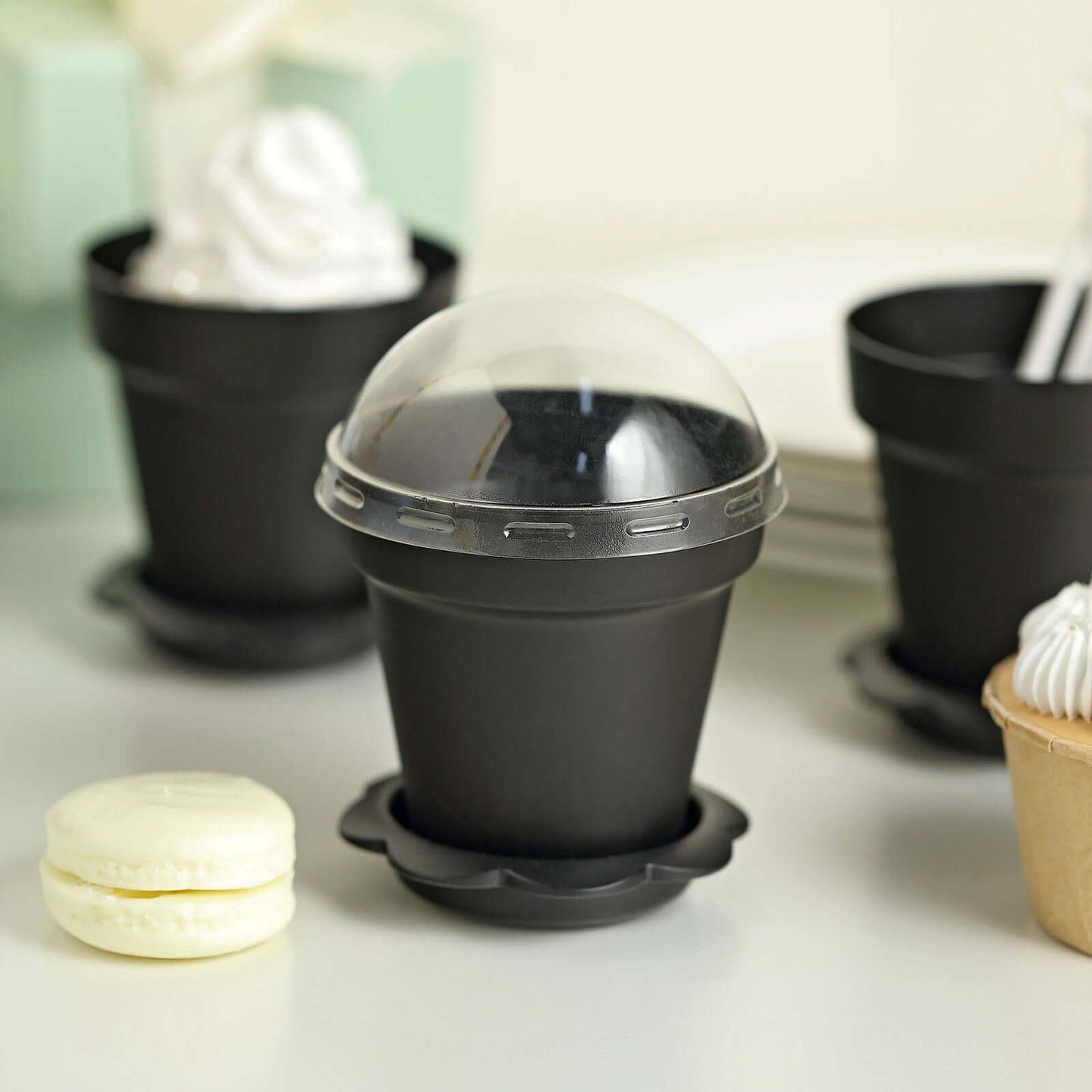 12-Pack Dessert Cups Succulent Planter Design Black - Plastic Serving Cups with Lids and Shovels 4"