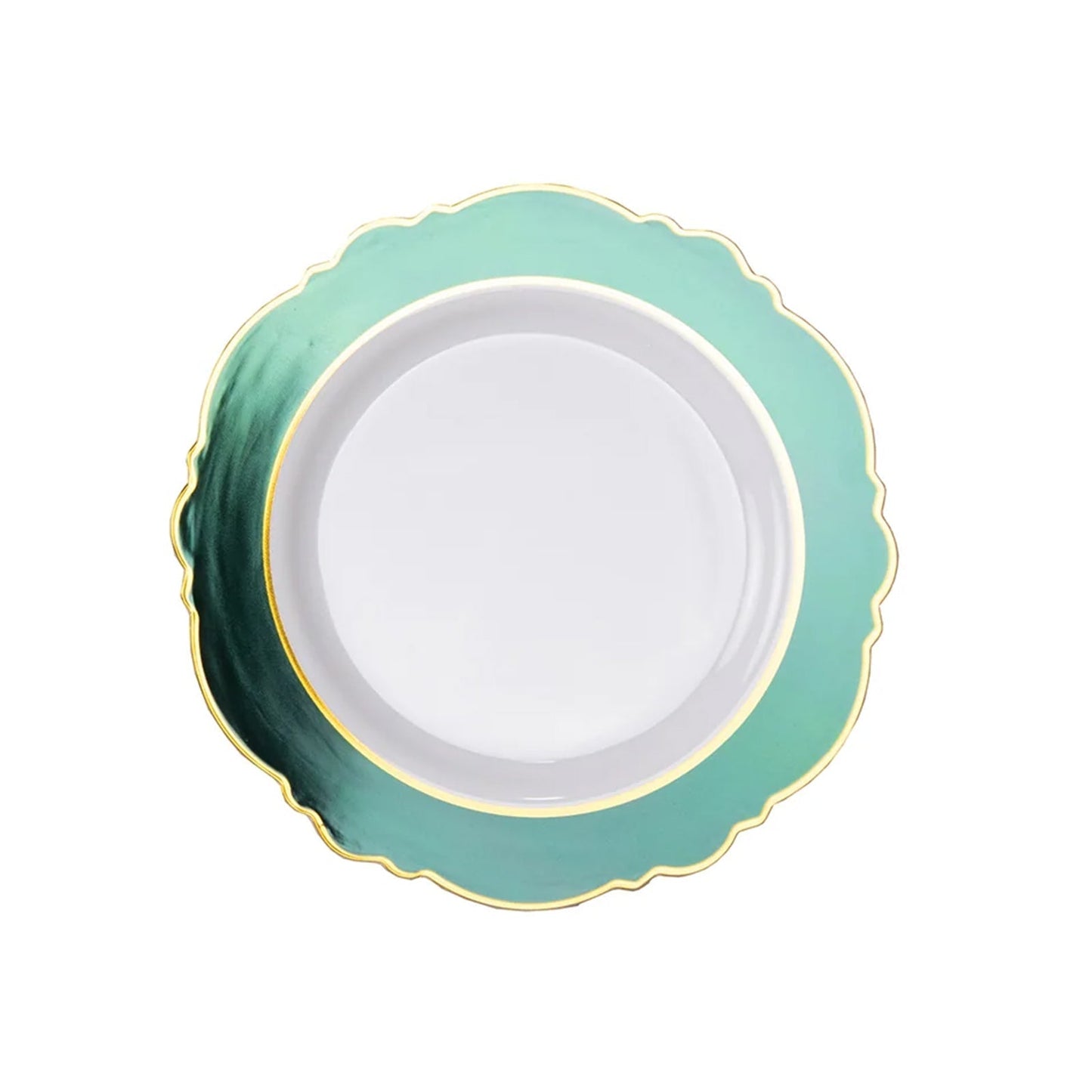 10-Pack Plastic 8" Round Dessert Plates in White with Hunter Emerald Green Blossom Design & Gold Edging - Disposable Salad Appetizer Plates