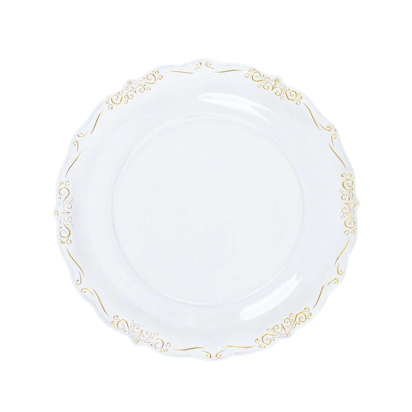 10-Pack Plastic 7" Round Dessert Plates in Clear with Gold Vintage Embossed Rim - Sturdy Disposable Scalloped Edge Salad Plates for Sophisticated Events & Celebrations