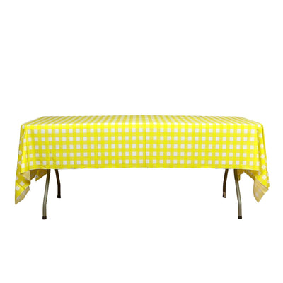 Plastic Table Cover White/Yellow Checkered Rectangle - Lightweight PVC Disposable Tablecloth 54"x108" - Linen Luxes