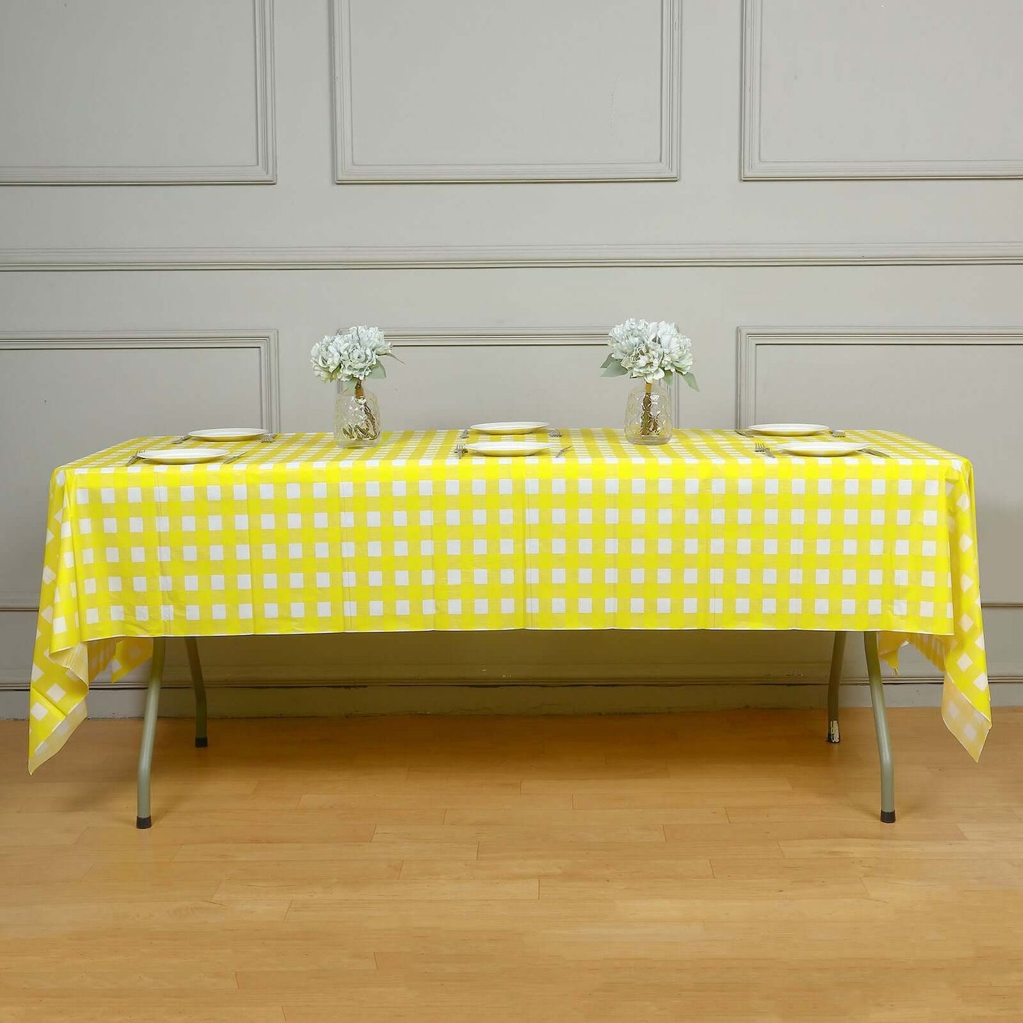 Plastic Table Cover White/Yellow Checkered Rectangle - Lightweight PVC Disposable Tablecloth 54"x108" - Linen Luxes