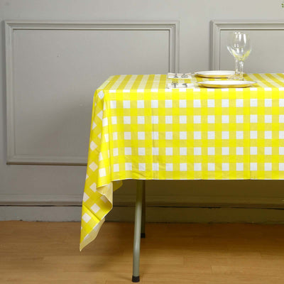 Plastic Table Cover White/Yellow Checkered Rectangle - Lightweight PVC Disposable Tablecloth 54"x108" - Linen Luxes