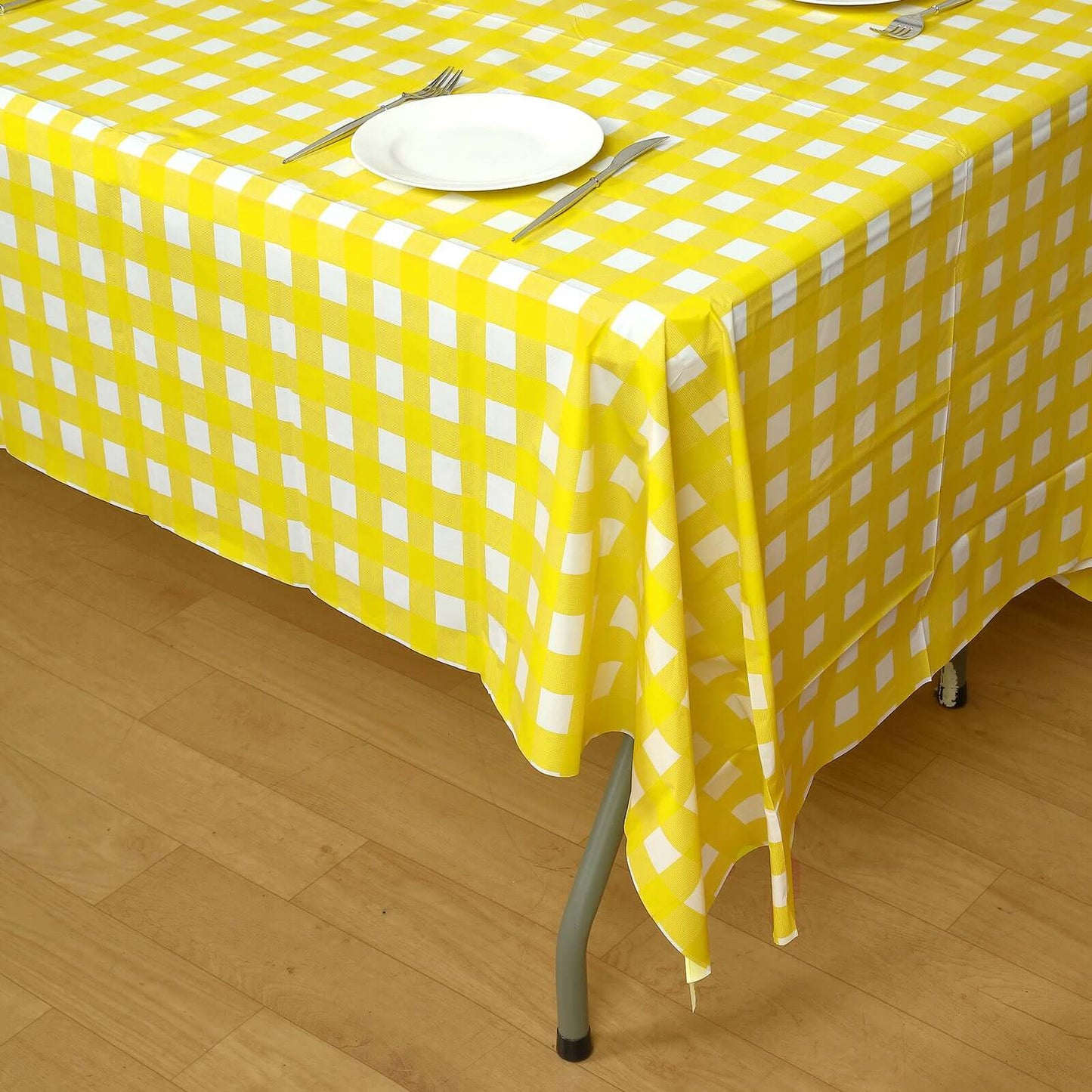 Plastic Table Cover White/Yellow Checkered Rectangle - Lightweight PVC Disposable Tablecloth 54"x108" - Linen Luxes
