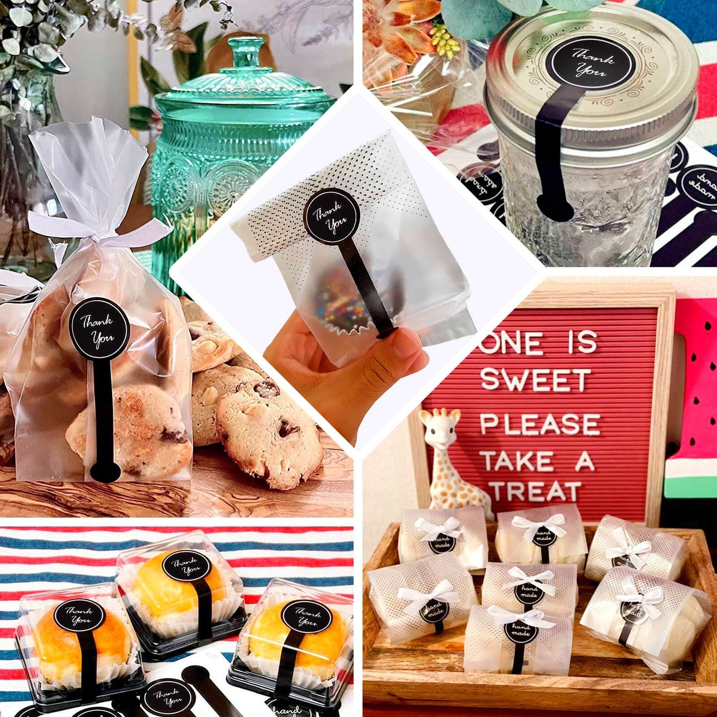 50 Pack Clear Black Dotted Plastic Goodie Gift Bags with "Thank You" Paper Stickers, Rectangular Party Favor Candy Treat Bags - 3"x9"
