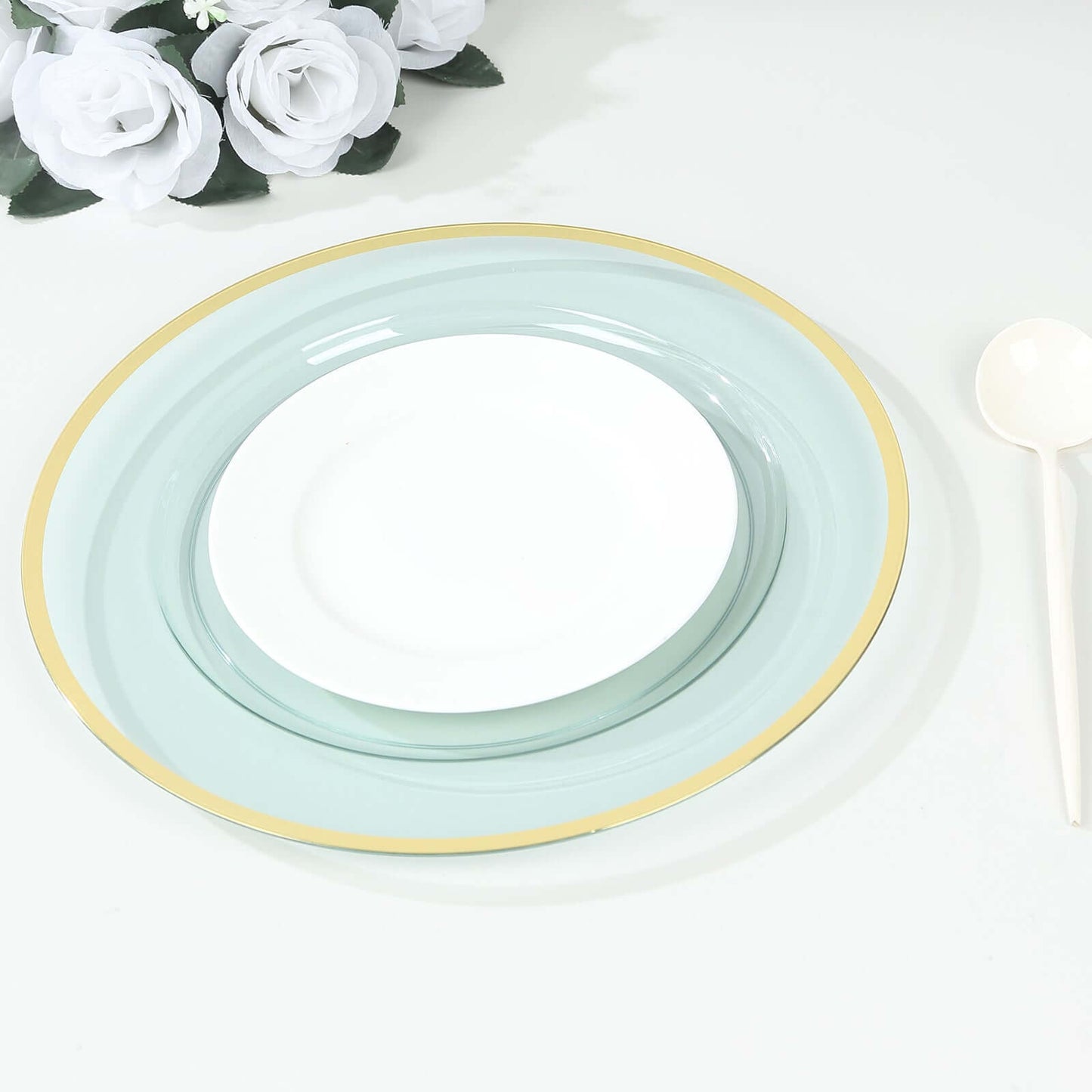 10-Pack Economy Plastic Round Charger Plates 12" in Transparent Blue with Wide Gold Rim, Decorative Dinner Party Serving Plates