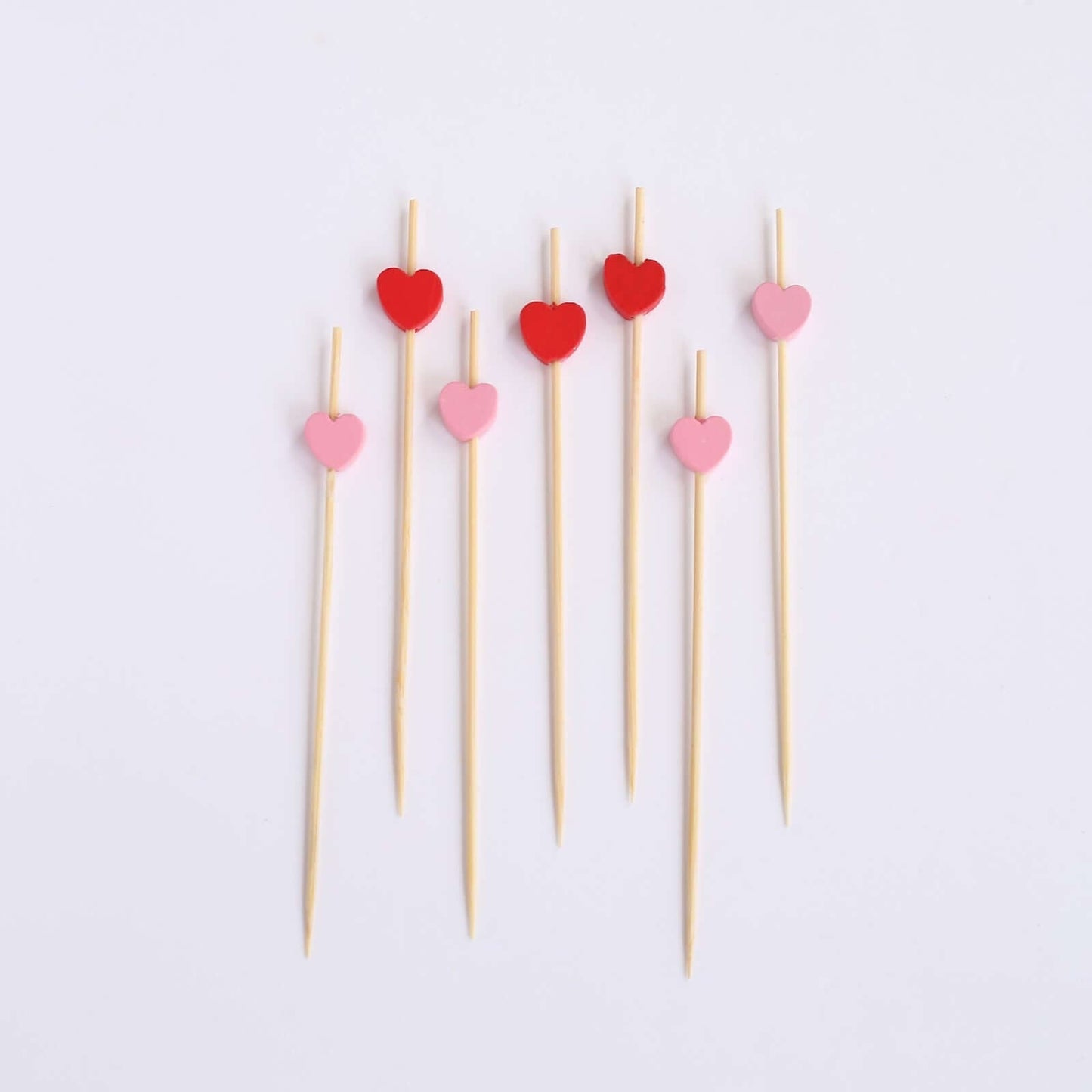 100-Pack Bamboo Cocktail Sticks Heart Design Eco Friendly Red/Pink - Biodegradable Fruit Appetizer Party Picks 5"