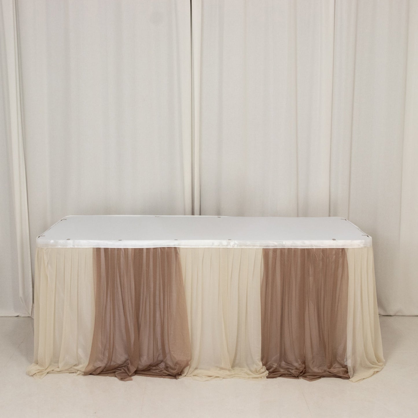 14ft Sheer Pleated Ruffle Skirting Chiffon Table Skirt - Taupe and Beige, Shimmer Sheer, Wrinkle-Free Fabric