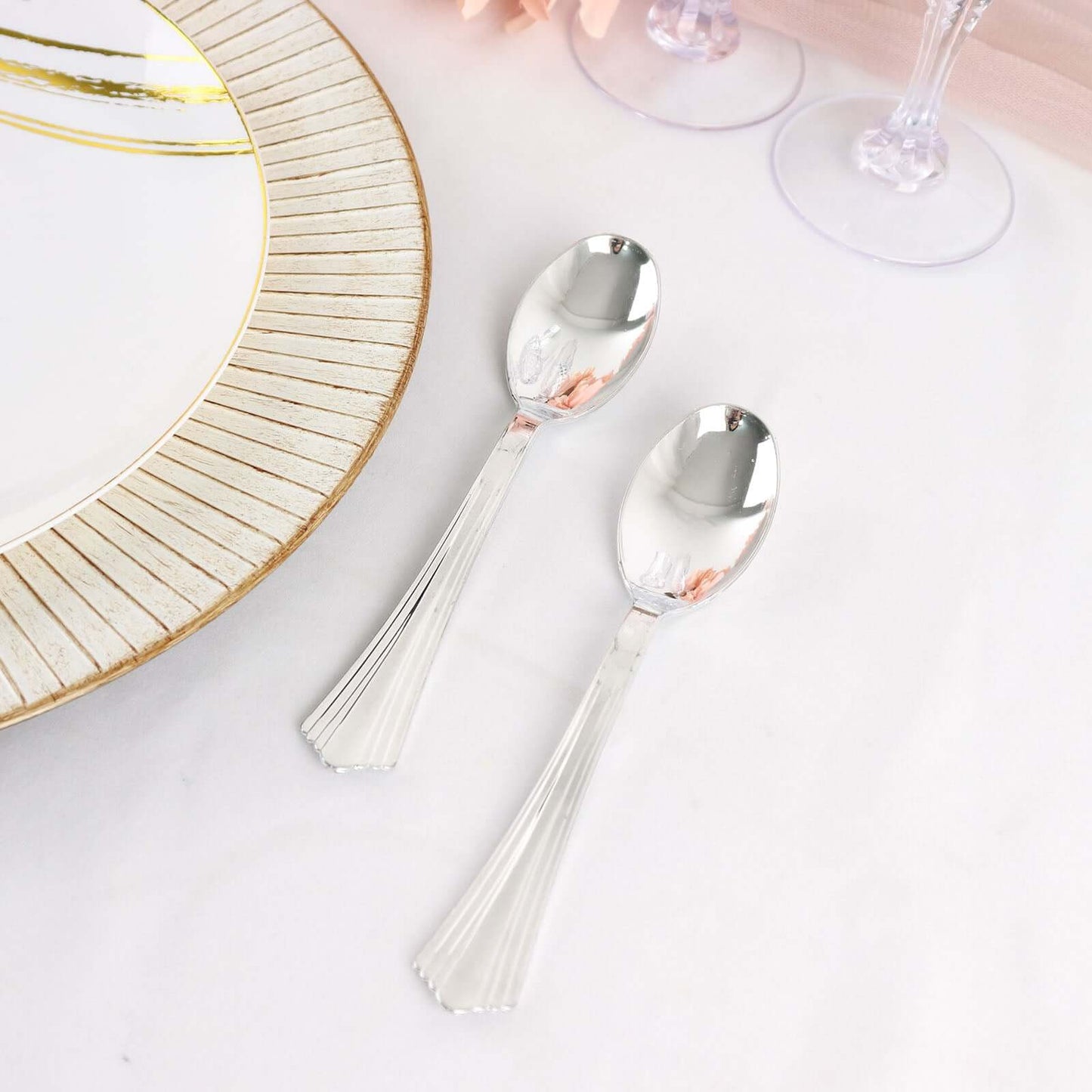 25-Pack Plastic Spoons Silver Heavy Duty with Fluted Handles - Reliable Disposable Cutlery 7"