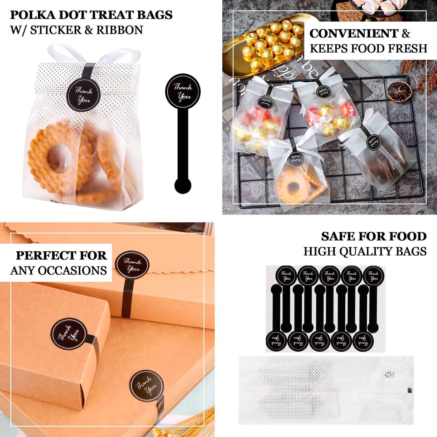 50 Pack Clear Black Dotted Plastic Goodie Gift Bags with "Thank You" Paper Stickers, Rectangular Party Favor Candy Treat Bags - 3"x9"