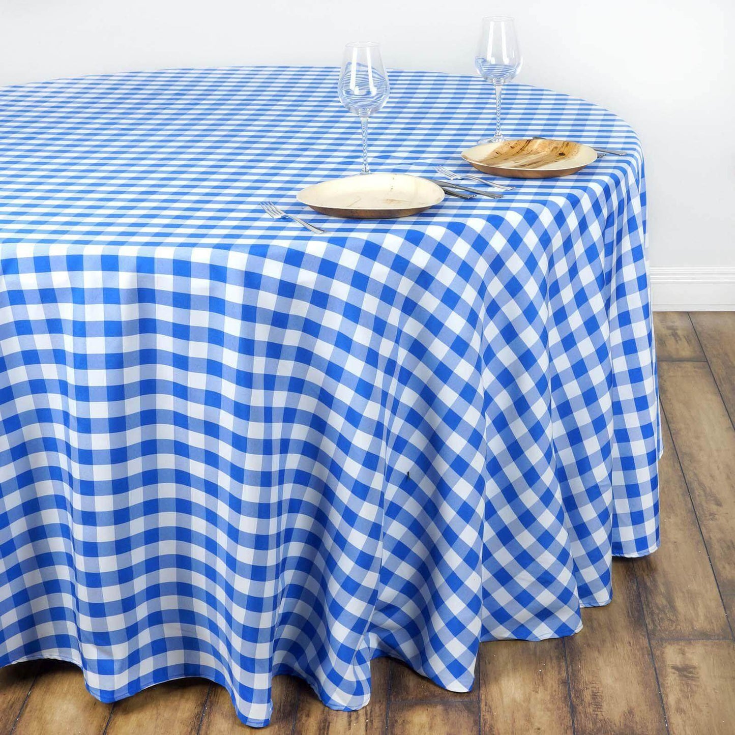 Polyester 108" Round Tablecloth White/Blue - Checkered Buffalo Plaid Table Cover - Linen Luxes