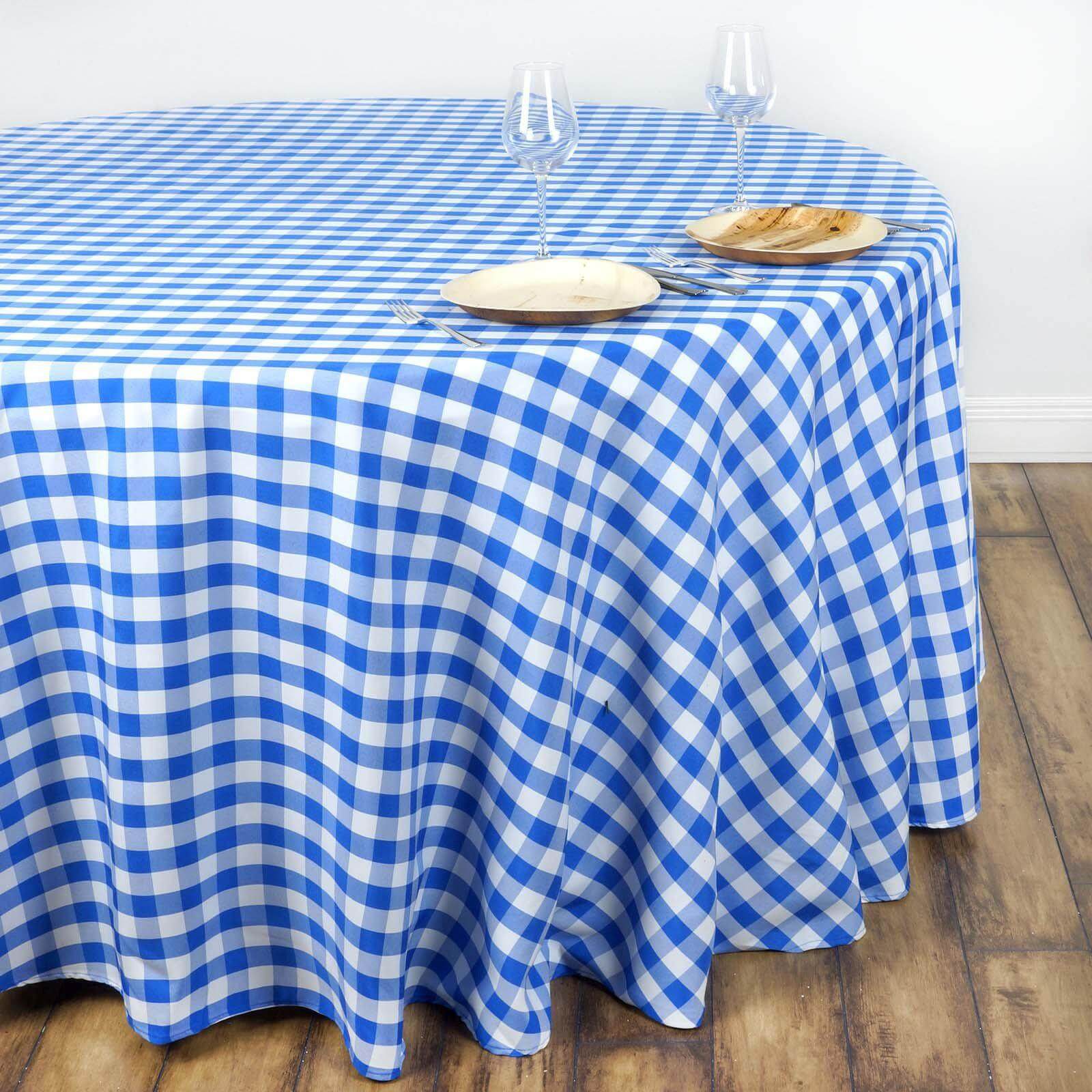 Polyester 108" Round Tablecloth White/Blue - Checkered Buffalo Plaid Table Cover - Linen Luxes