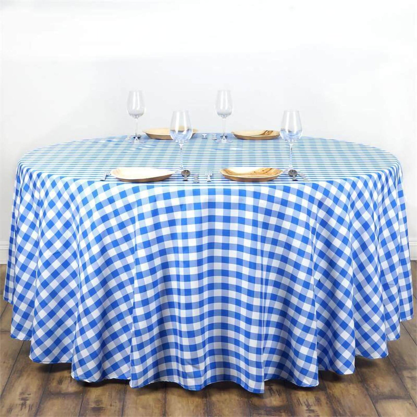 Polyester 108" Round Tablecloth White/Blue - Checkered Buffalo Plaid Table Cover - Linen Luxes