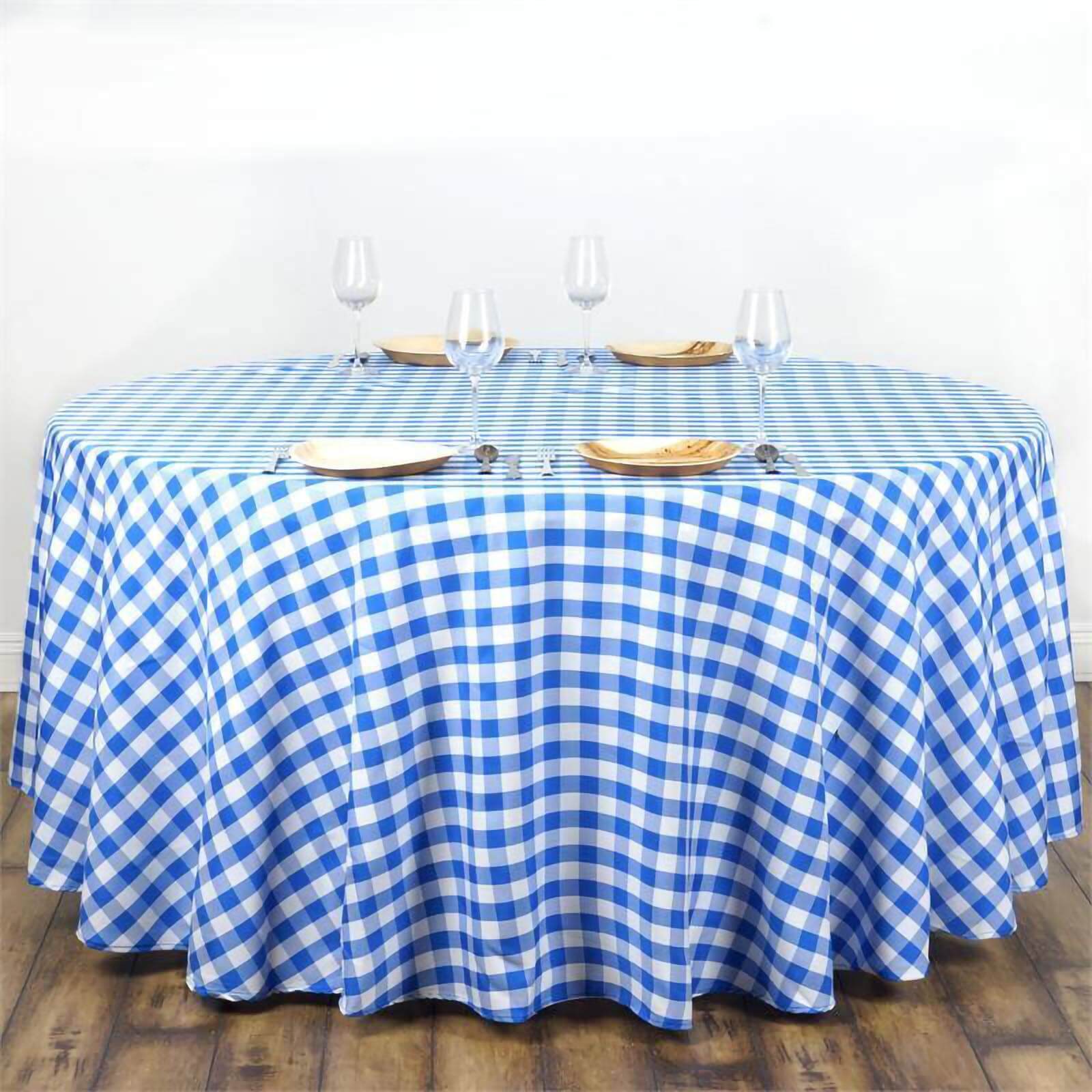 Polyester 108" Round Tablecloth White/Blue - Checkered Buffalo Plaid Table Cover - Linen Luxes