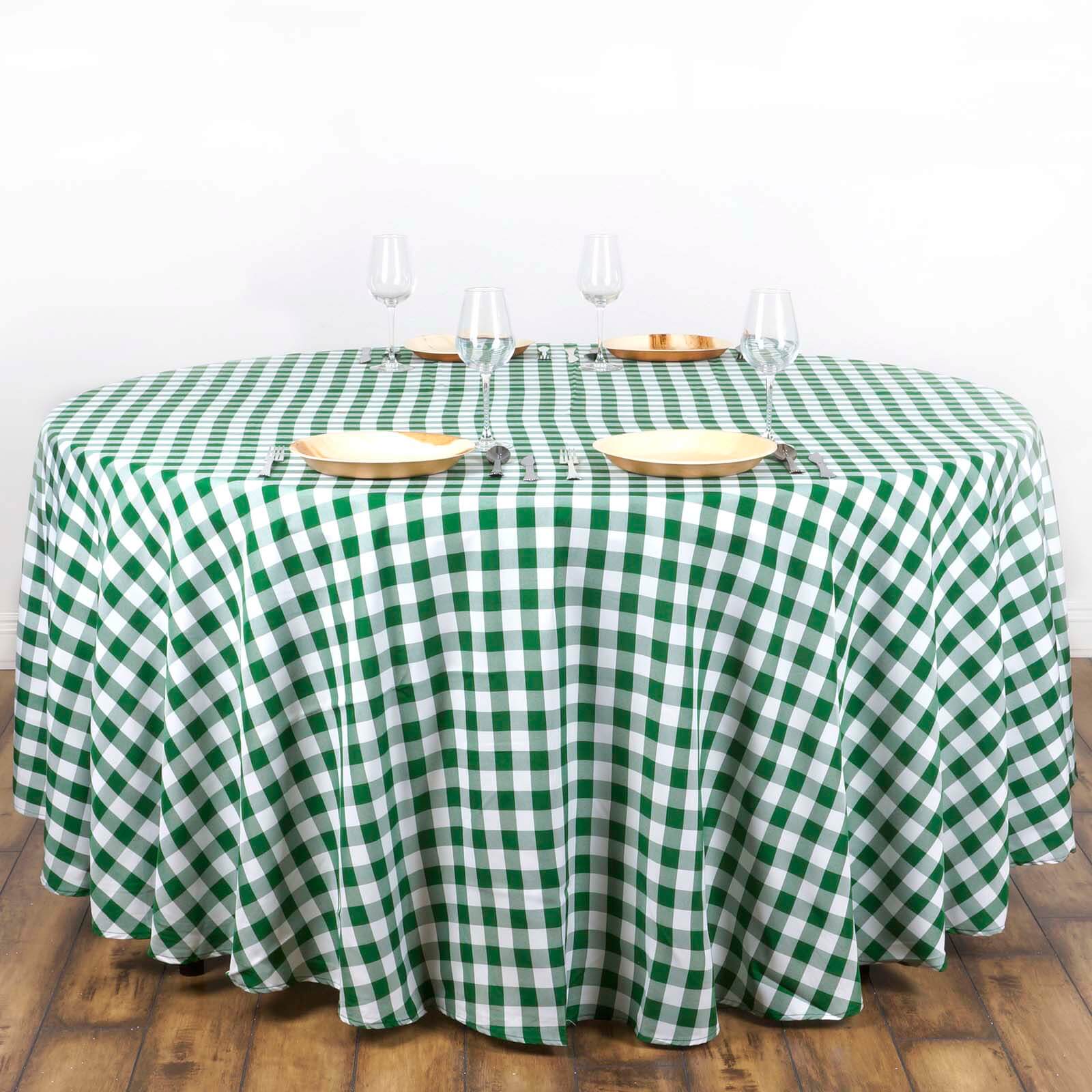 Polyester 108" Round Tablecloth White/Green - Checkered Buffalo Plaid Table Cover - Linen Luxes