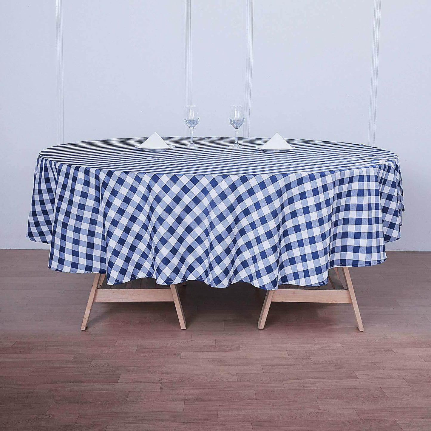 Polyester 108" Round Tablecloth White/Navy Blue - Checkered Buffalo Plaid Table Cover - Linen Luxes