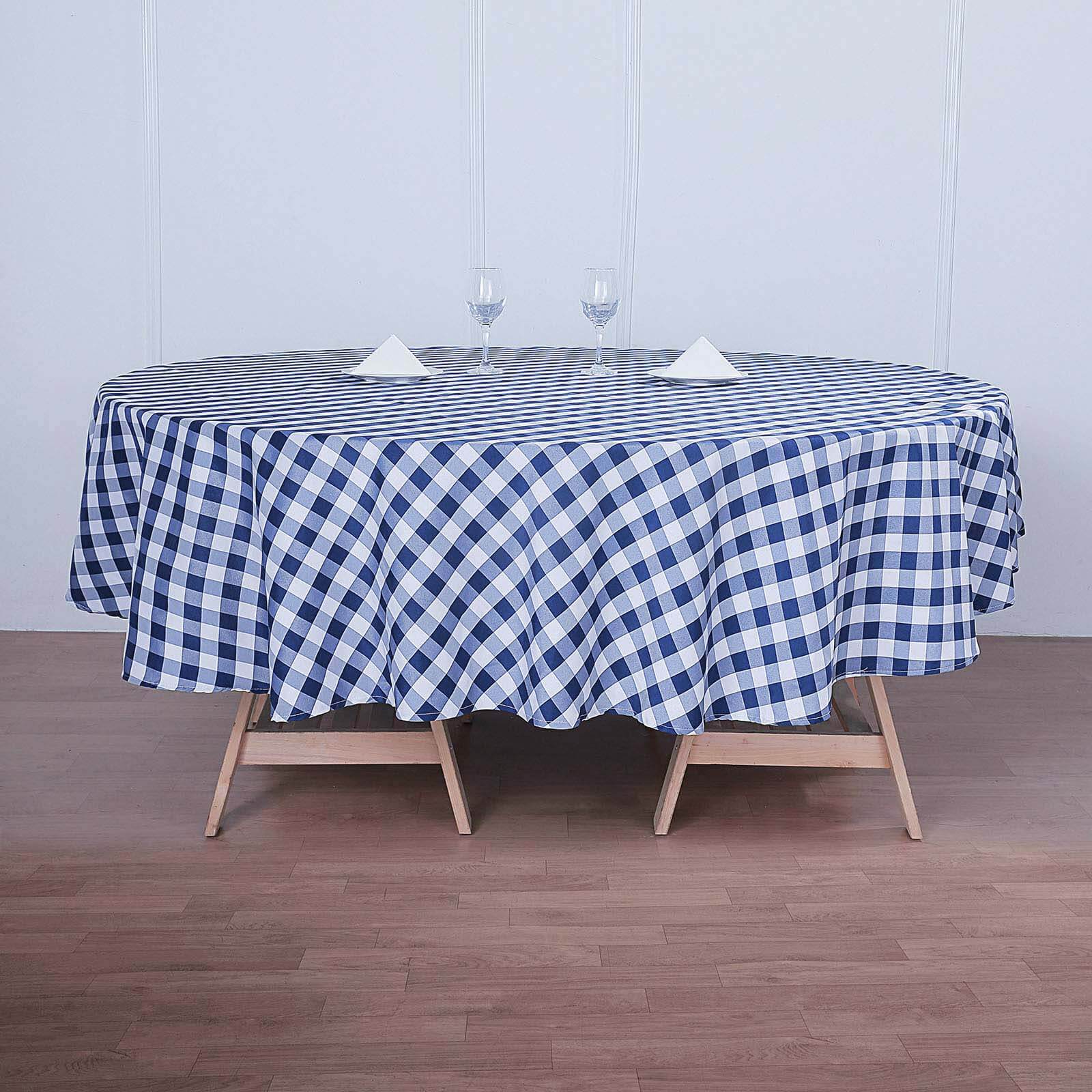 Polyester 108" Round Tablecloth White/Navy Blue - Checkered Buffalo Plaid Table Cover - Linen Luxes
