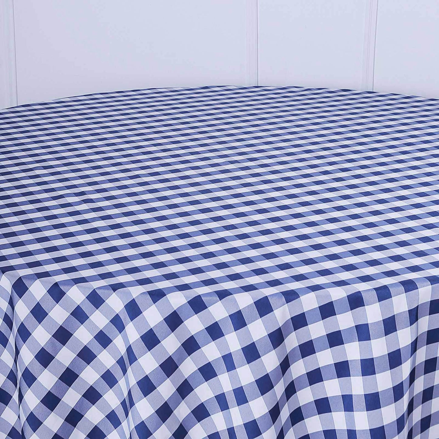 Polyester 108" Round Tablecloth White/Navy Blue - Checkered Buffalo Plaid Table Cover - Linen Luxes