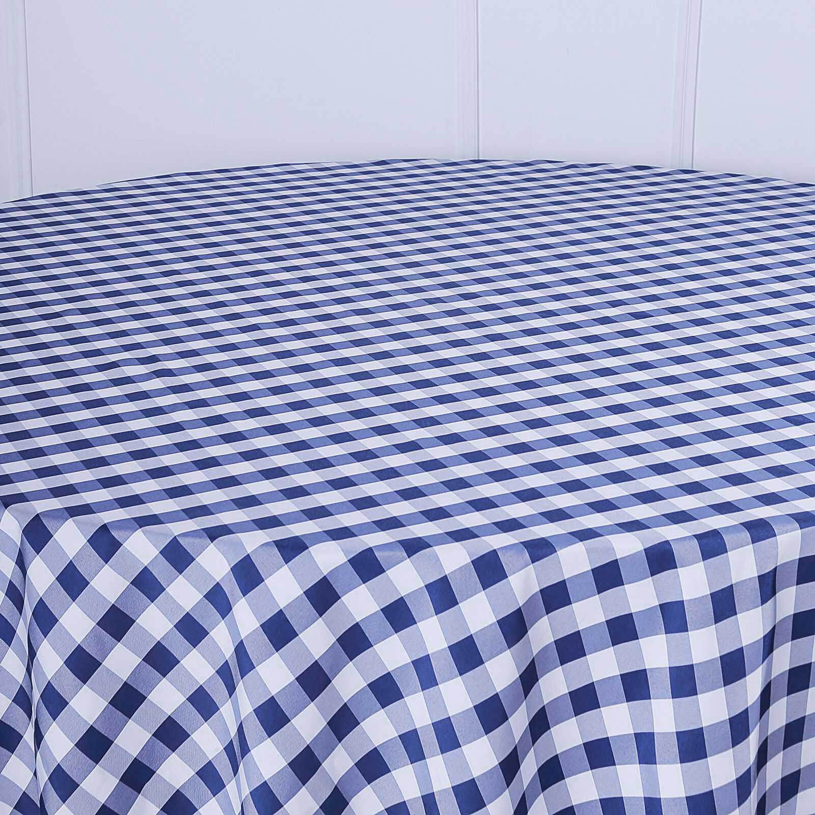 Polyester 108" Round Tablecloth White/Navy Blue - Checkered Buffalo Plaid Table Cover - Linen Luxes