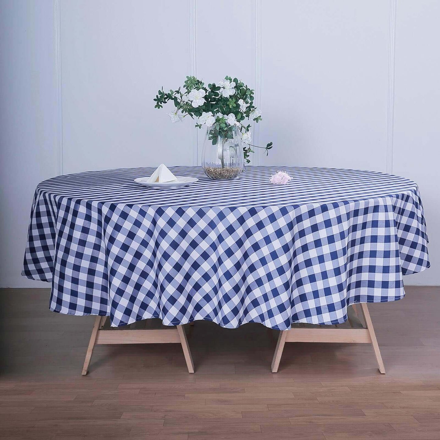 Polyester 108" Round Tablecloth White/Navy Blue - Checkered Buffalo Plaid Table Cover - Linen Luxes