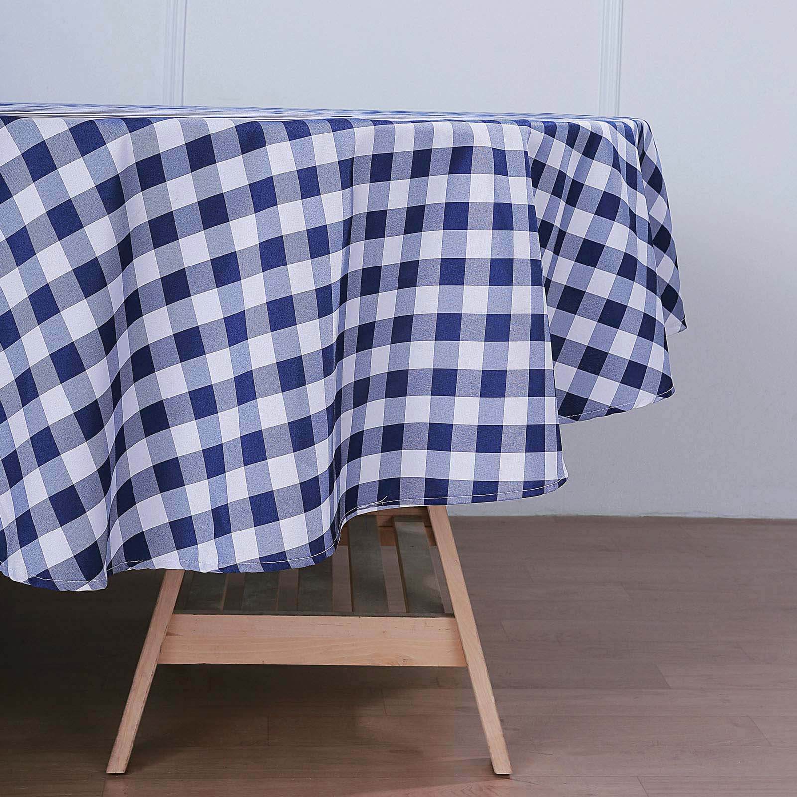Polyester 108" Round Tablecloth White/Navy Blue - Checkered Buffalo Plaid Table Cover - Linen Luxes