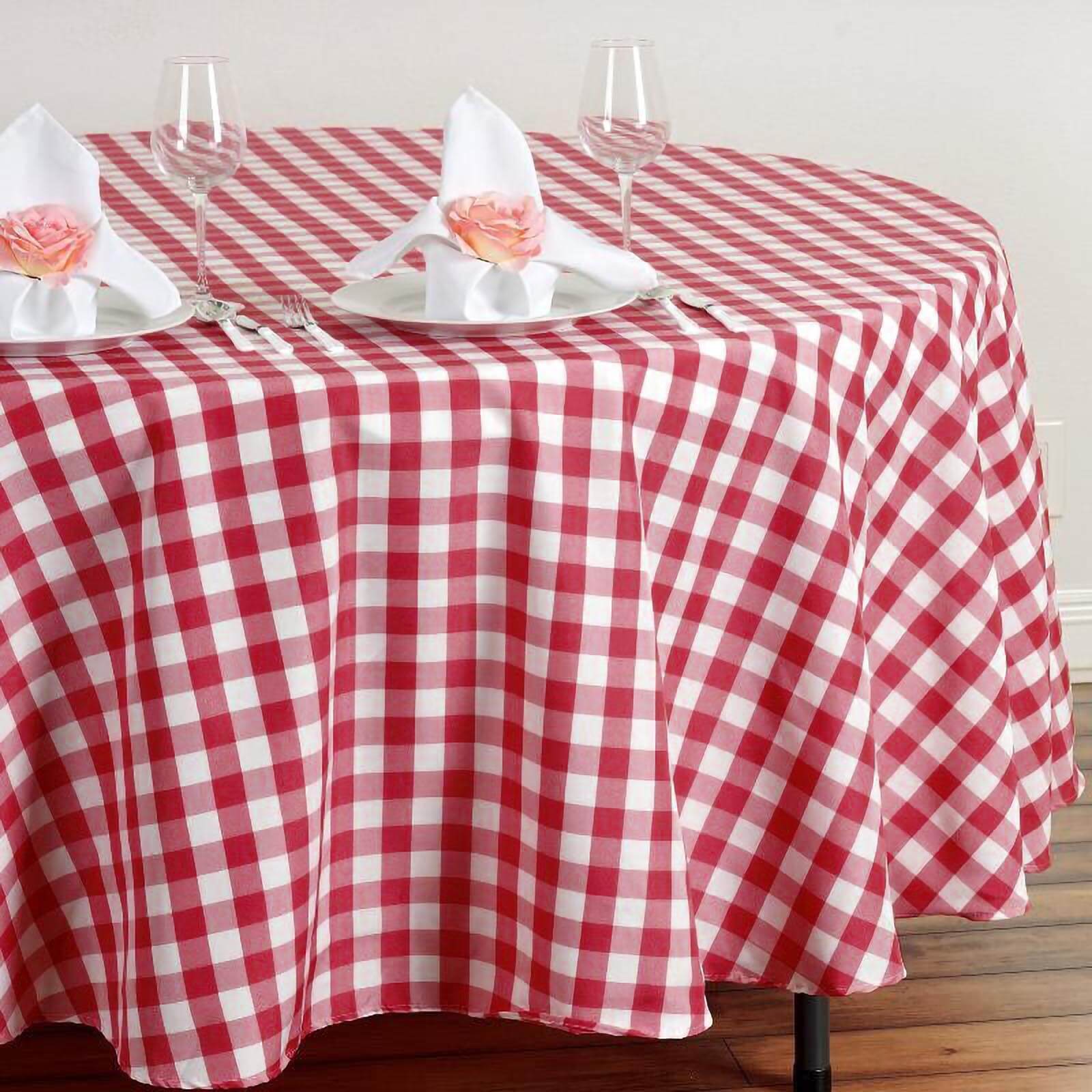 Polyester 108" Round Tablecloth White/Red - Checkered Buffalo Plaid Table Cover - Linen Luxes