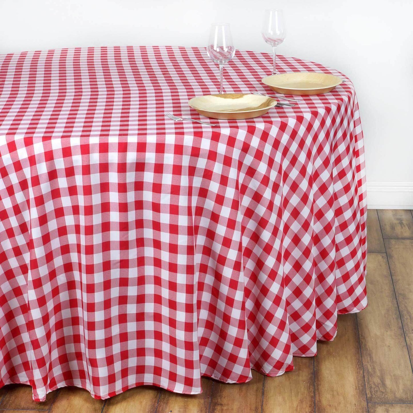 Polyester 108" Round Tablecloth White/Red - Checkered Buffalo Plaid Table Cover - Linen Luxes