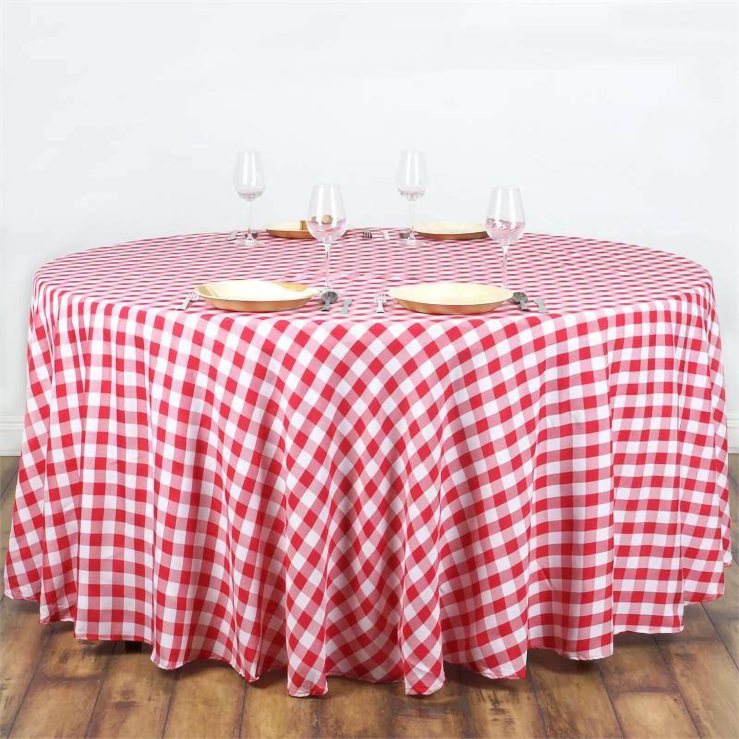 Polyester 108" Round Tablecloth White/Red - Checkered Buffalo Plaid Table Cover - Linen Luxes
