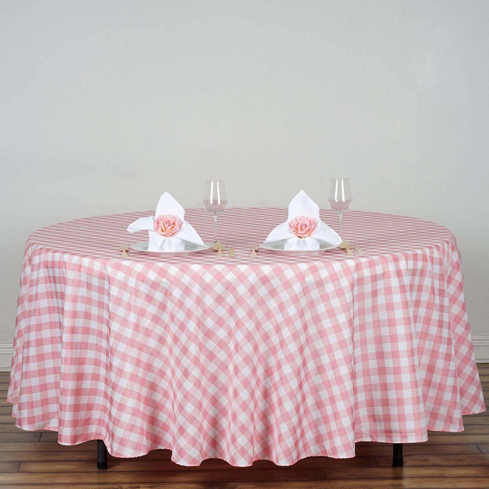 Polyester 108" Round Tablecloth White/Rose Quartz - Checkered Buffalo Plaid Design for Stylish Celebrations - Linen Luxes