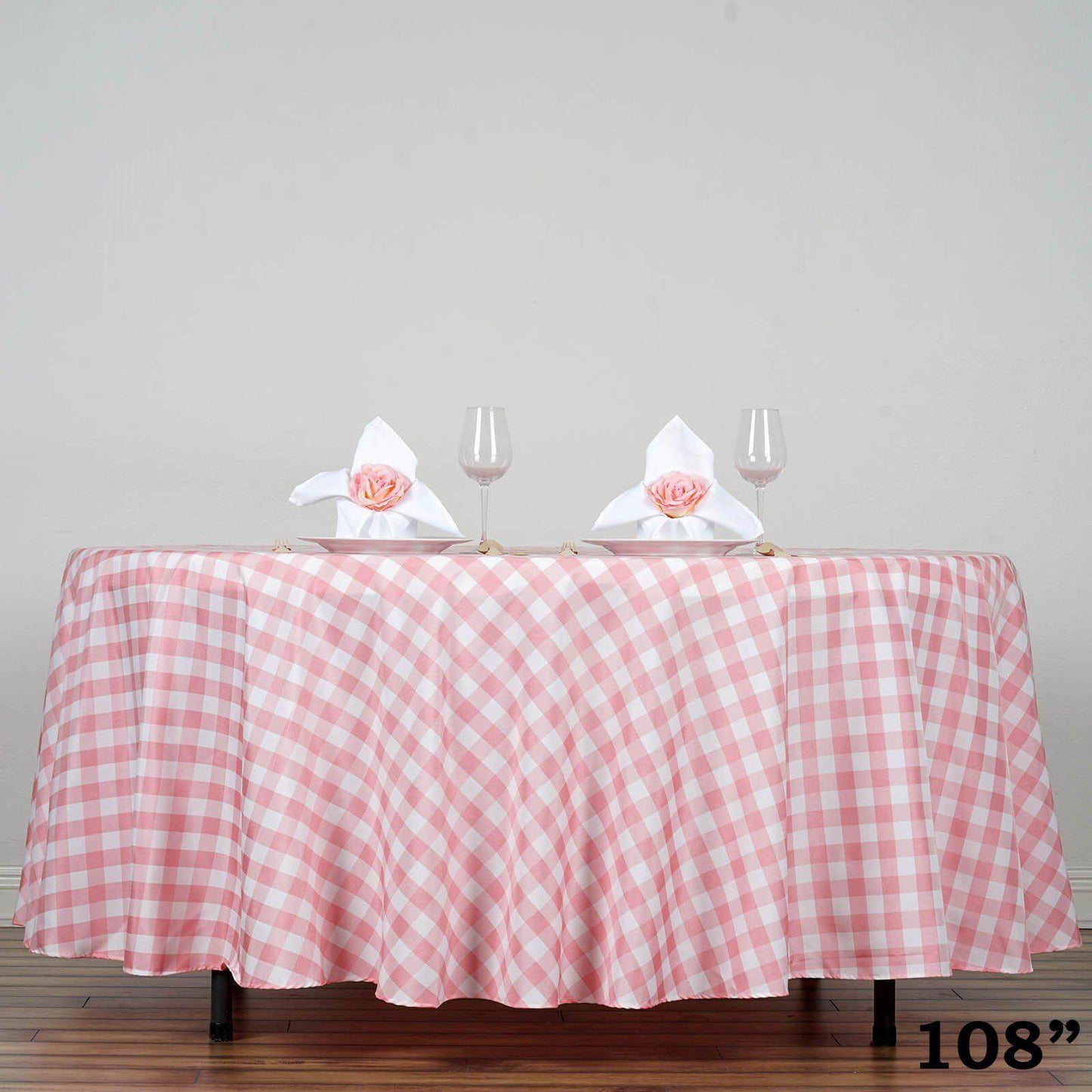 Polyester 108" Round Tablecloth White/Rose Quartz - Checkered Buffalo Plaid Design for Stylish Celebrations - Linen Luxes