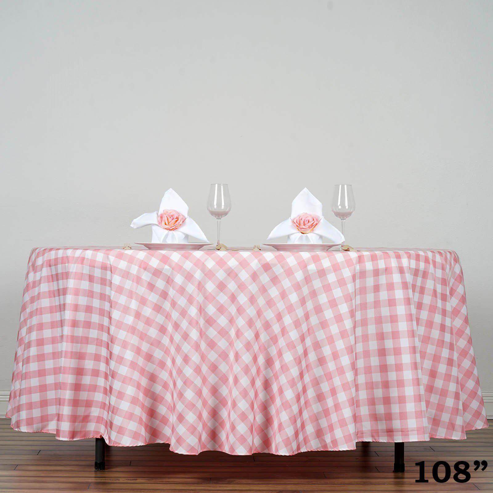 Polyester 108" Round Tablecloth White/Rose Quartz - Checkered Buffalo Plaid Design for Stylish Celebrations - Linen Luxes