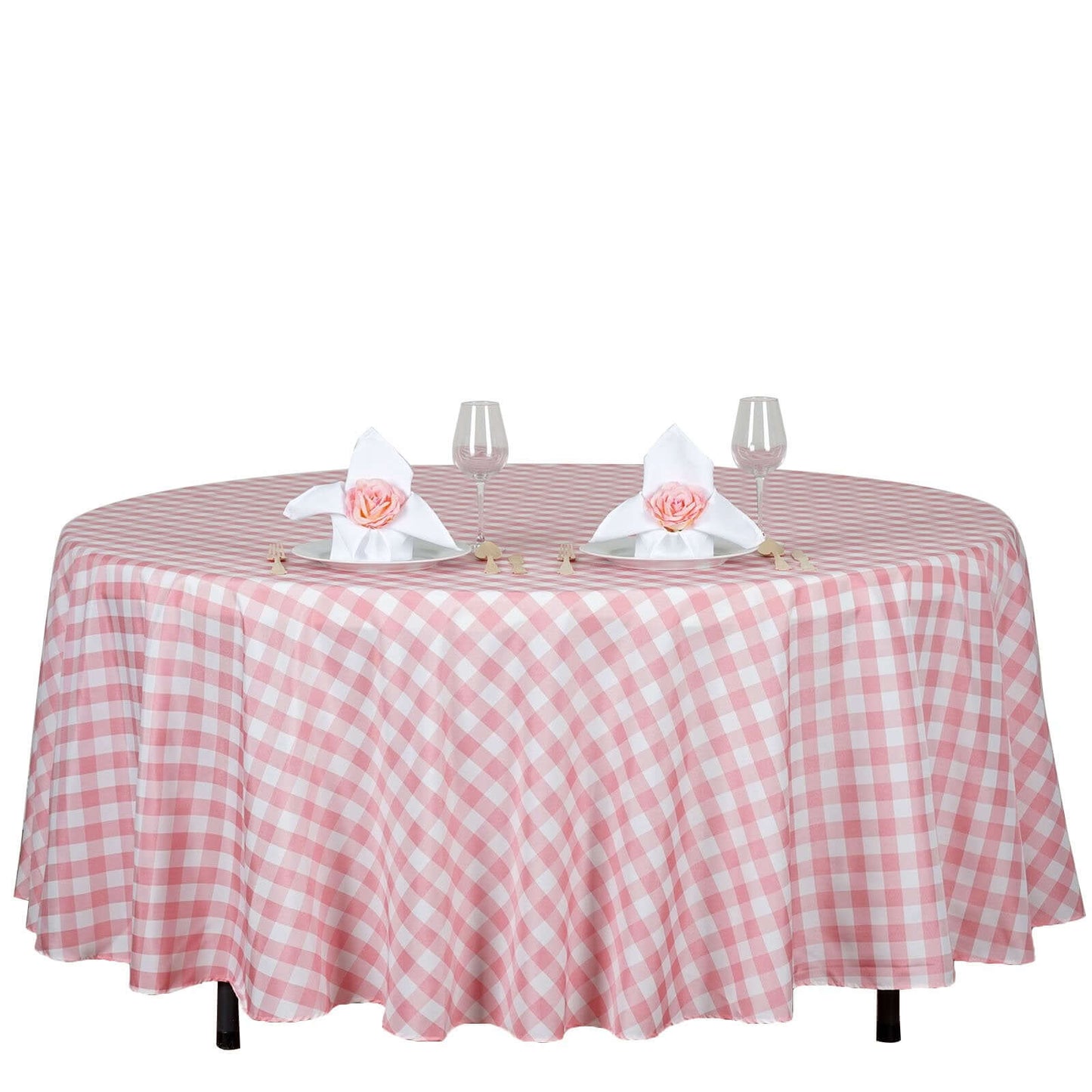 Polyester 108" Round Tablecloth White/Rose Quartz - Checkered Buffalo Plaid Design for Stylish Celebrations - Linen Luxes