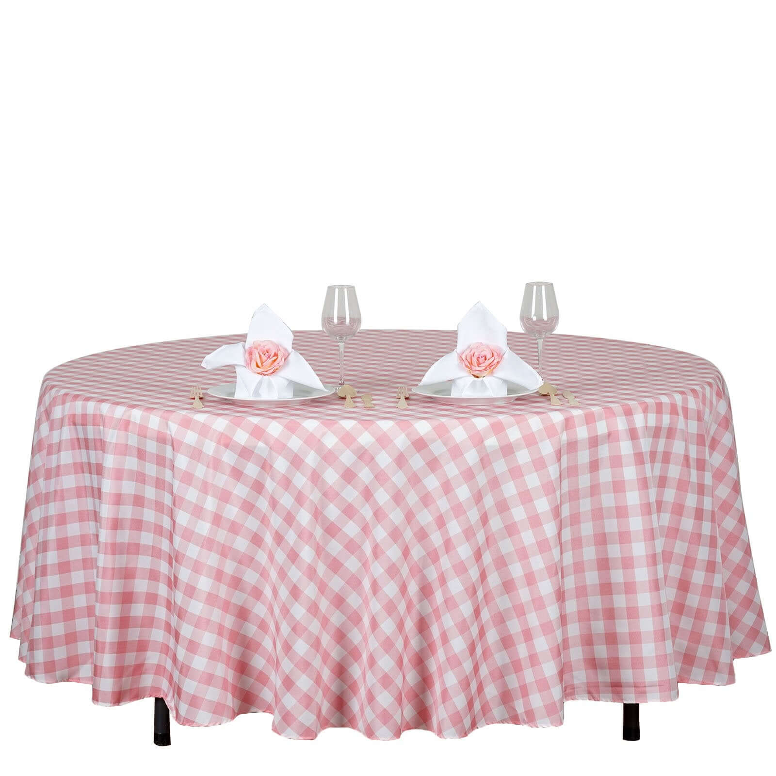 Polyester 108" Round Tablecloth White/Rose Quartz - Checkered Buffalo Plaid Design for Stylish Celebrations - Linen Luxes