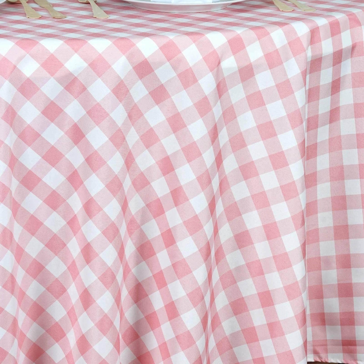 Polyester 108" Round Tablecloth White/Rose Quartz - Checkered Buffalo Plaid Design for Stylish Celebrations - Linen Luxes
