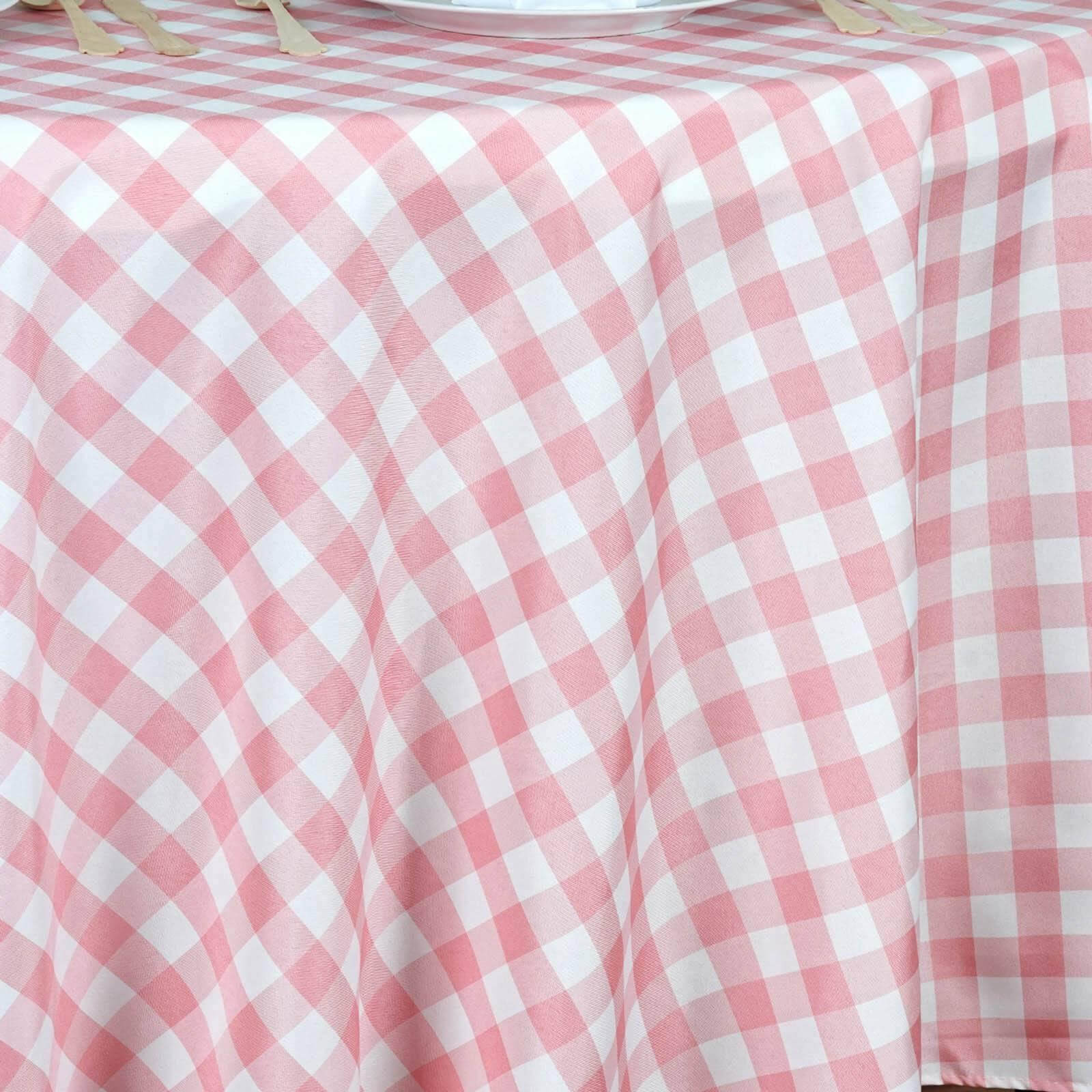 Polyester 108" Round Tablecloth White/Rose Quartz - Checkered Buffalo Plaid Design for Stylish Celebrations - Linen Luxes