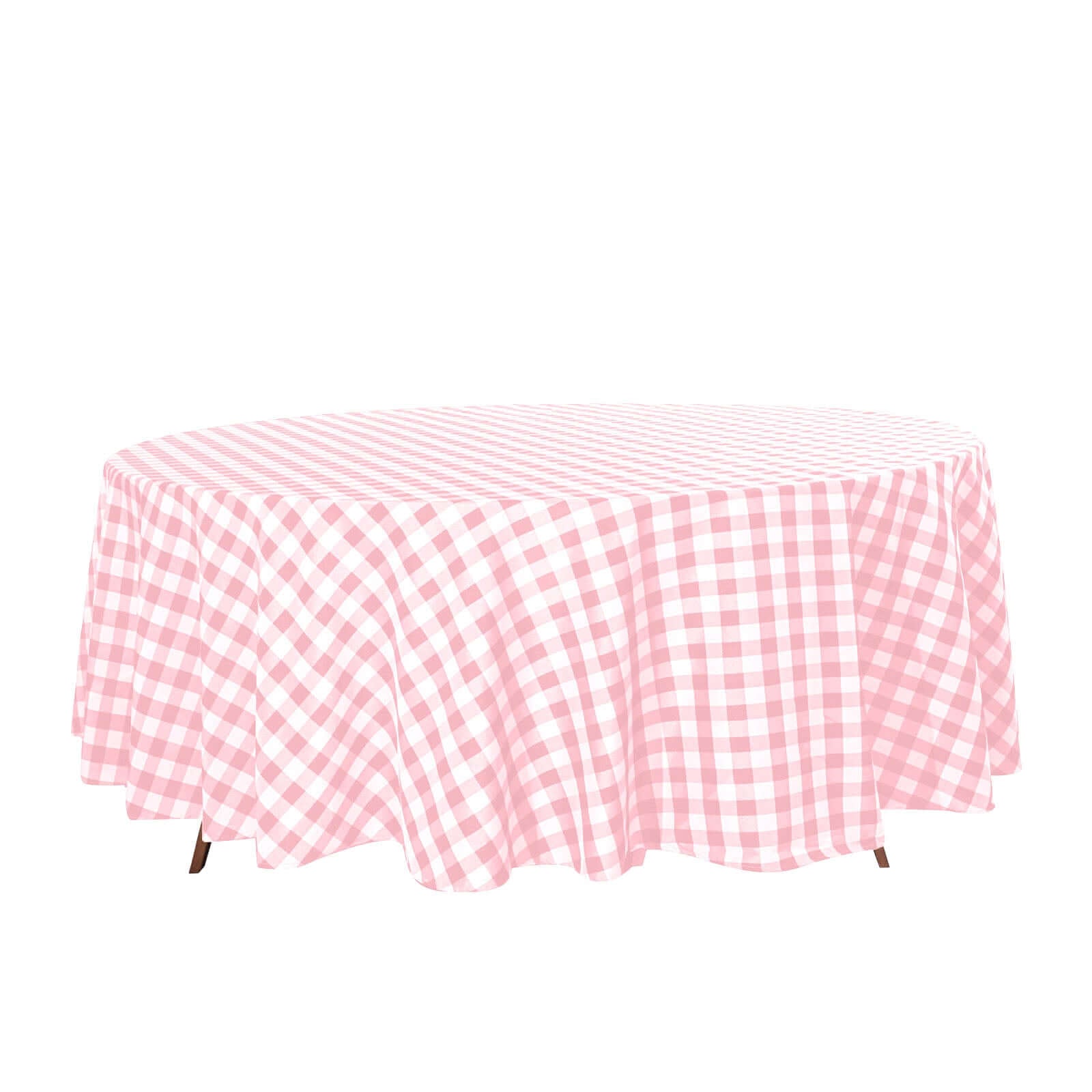 Polyester 108" Round Tablecloth White/Rose Quartz - Checkered Buffalo Plaid Design for Stylish Celebrations - Linen Luxes