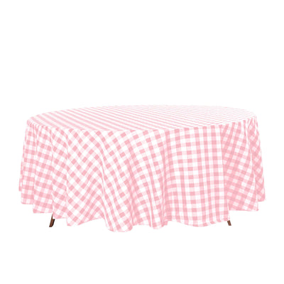 Polyester 108" Round Tablecloth White/Rose Quartz - Checkered Buffalo Plaid Design for Stylish Celebrations - Linen Luxes