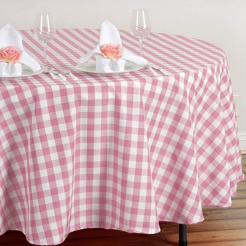 Polyester 108" Round Tablecloth White/Rose Quartz - Checkered Buffalo Plaid Design for Stylish Celebrations - Linen Luxes