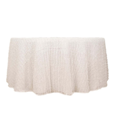 Polyester 120" Round Tablecloth White with Shaggy Fringe Design - Exquisite Table Cover