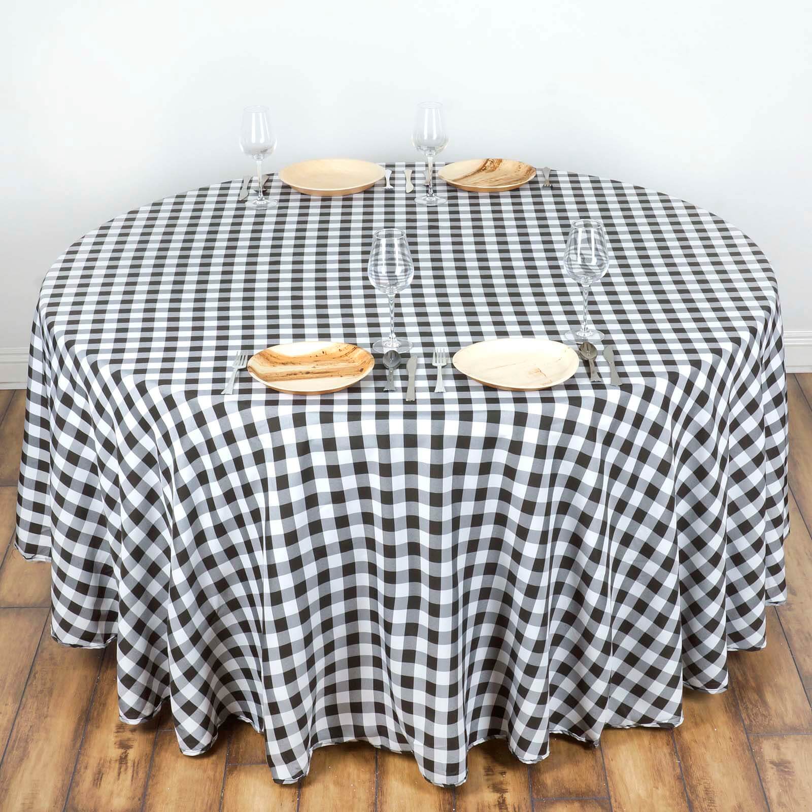 Polyester 120" Round Tablecloth White/Black Seamless - Checkered Buffalo Plaid Design for Stylish Celebrations - Linen Luxes
