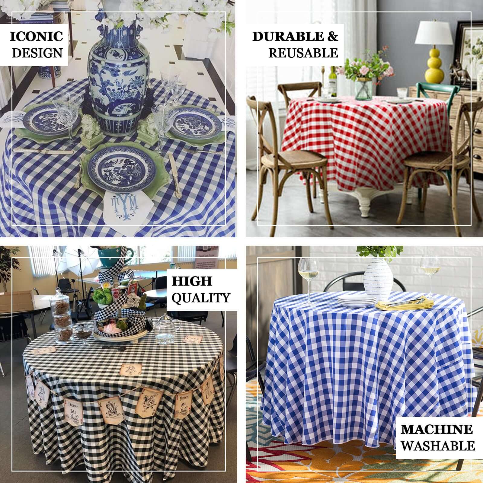Polyester 120" Round Tablecloth White/Black Seamless - Checkered Buffalo Plaid Design for Stylish Celebrations - Linen Luxes