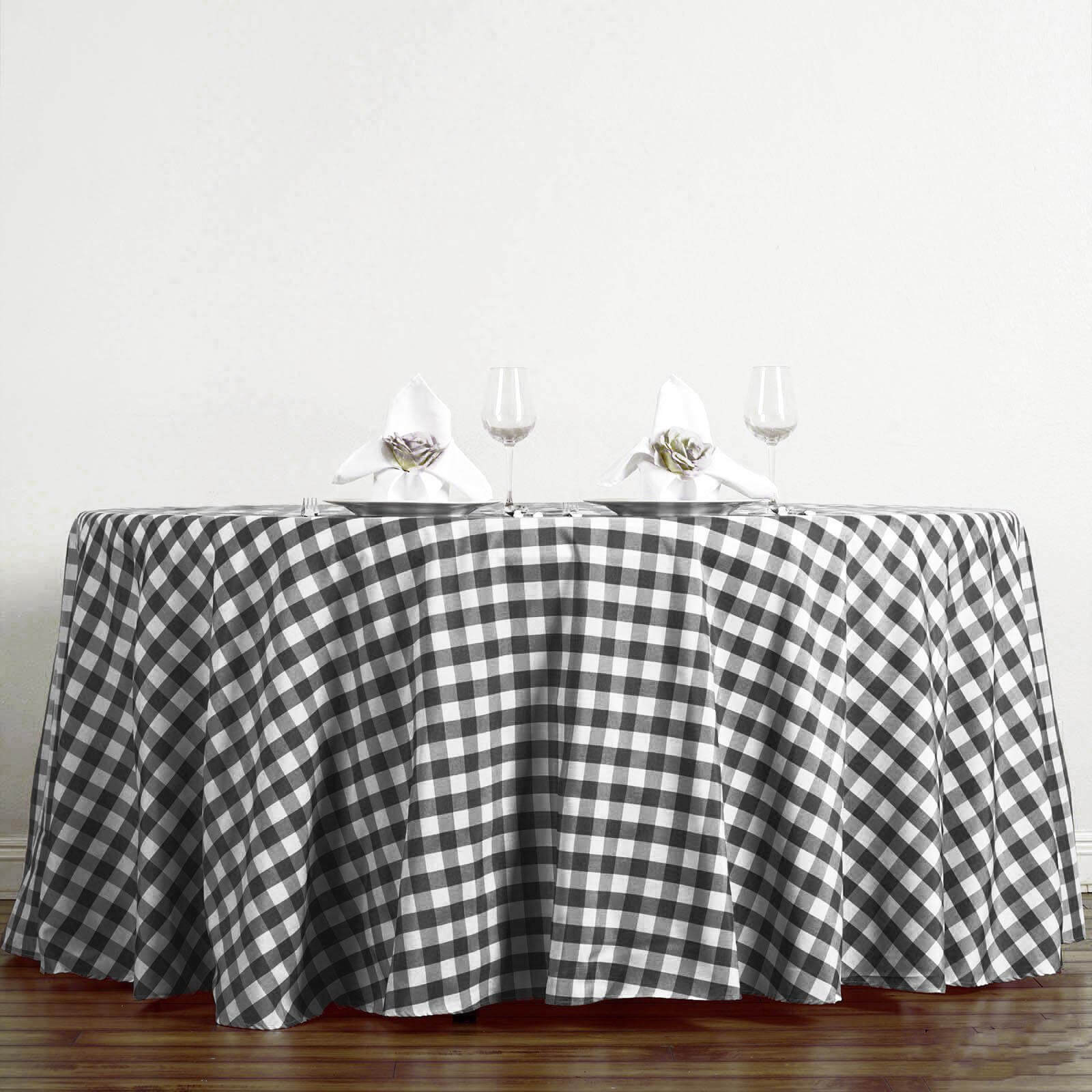 Polyester 120" Round Tablecloth White/Black Seamless - Checkered Buffalo Plaid Design for Stylish Celebrations - Linen Luxes