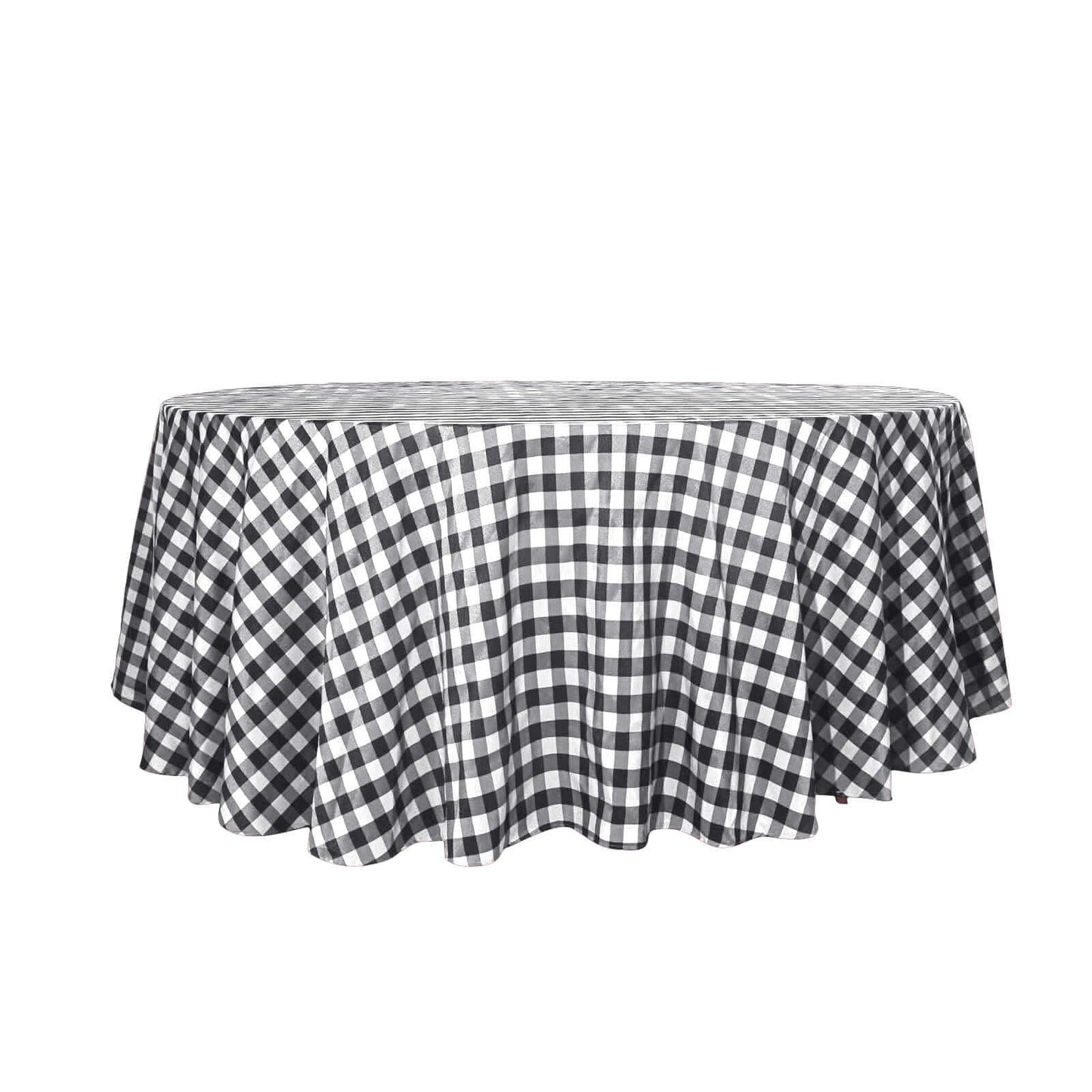 Polyester 120" Round Tablecloth White/Black Seamless - Checkered Buffalo Plaid Design for Stylish Celebrations - Linen Luxes