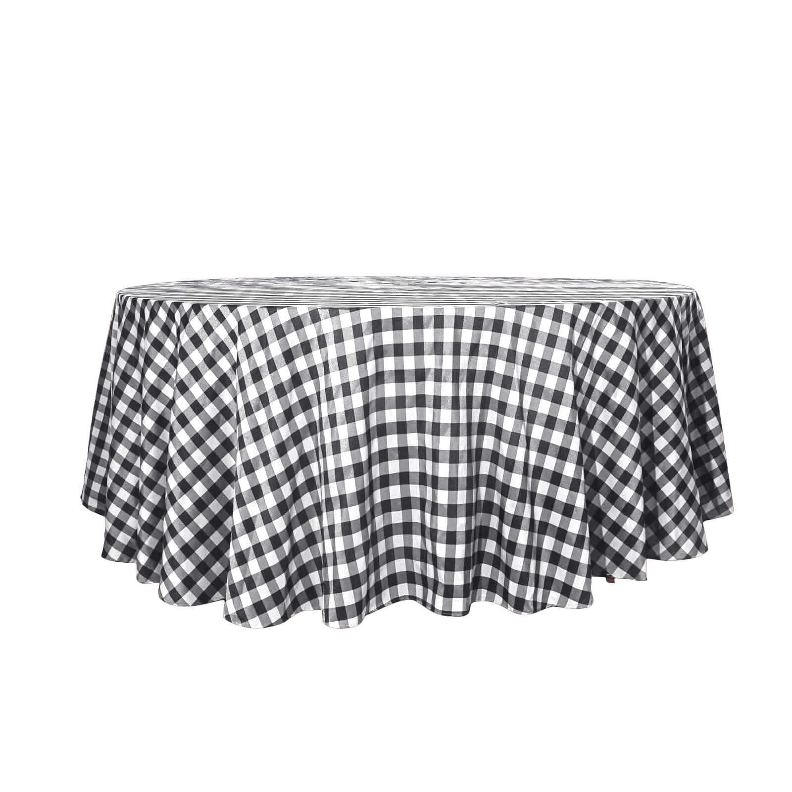 Polyester 120" Round Tablecloth White/Black Seamless - Checkered Buffalo Plaid Design for Stylish Celebrations - Linen Luxes