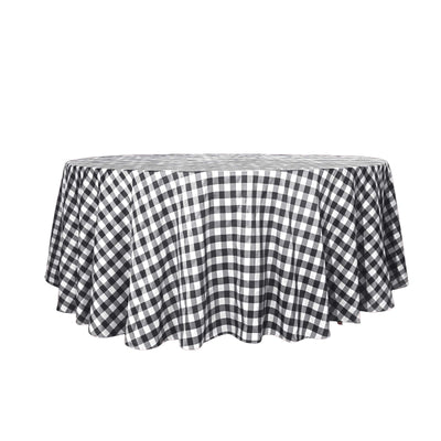 Polyester 120" Round Tablecloth White/Black Seamless - Checkered Buffalo Plaid Design for Stylish Celebrations - Linen Luxes